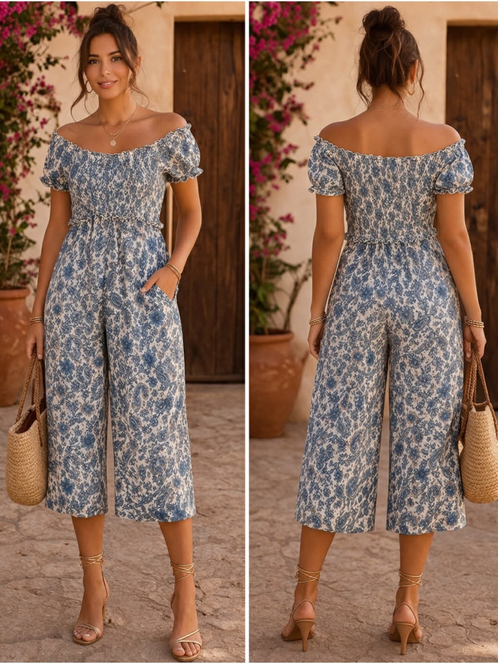 Patrons of Peace Blue Floral Off-Shoulder Jumpsuit